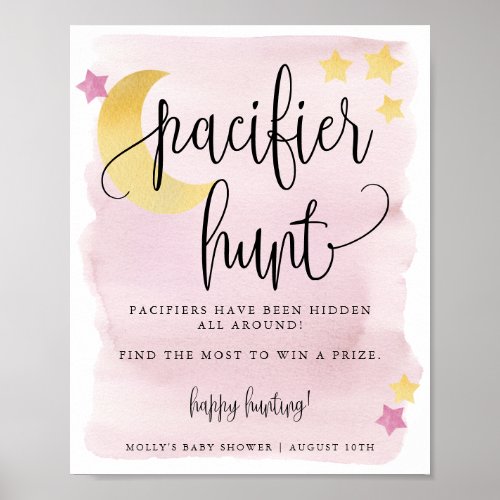 Over the Moon Pink Baby Shower Pacifier Game Hunt Poster