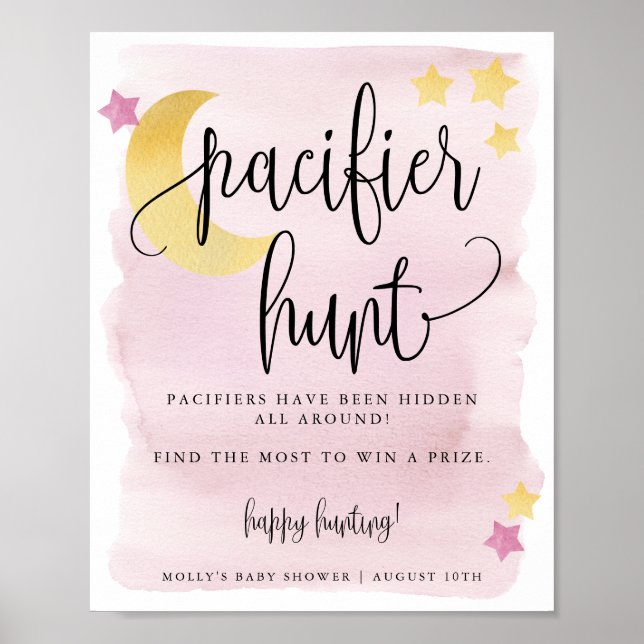 Over the Moon, Pink Baby Shower Pacifier Game Hunt Poster (Front)