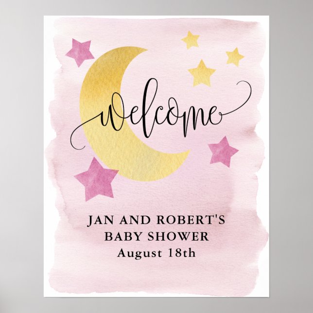 Over the Moon, Pink Baby Shower Welcome Poster (Front)