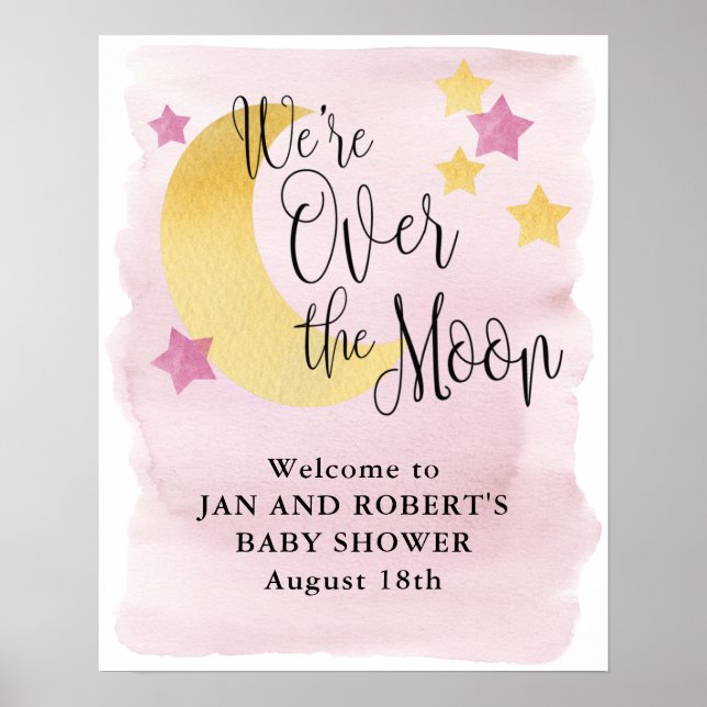 Over the Moon, Pink Baby Shower Welcome Sign (Front)