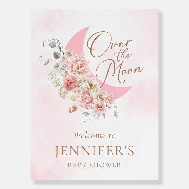 Over the Moon Pink Baby Shower Welcome Sign (Front)
