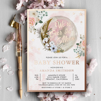 Over The Moon Pink Floral Baby Shower Rose Gold Foil Invitation by ShabzDesigns at Zazzle