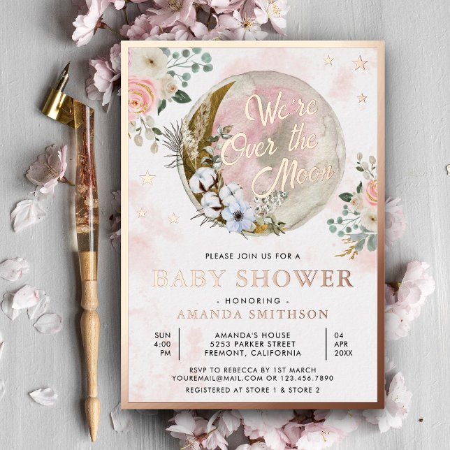 Over The Moon Pink Floral Baby Shower Rose Gold Foil Invitation (Creator Uploaded)