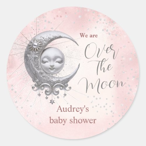 Over The Moon Pink Girl Baby Shower  Classic Round Sticker