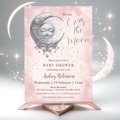Over The Moon Pink Girl Baby Shower  Invitation