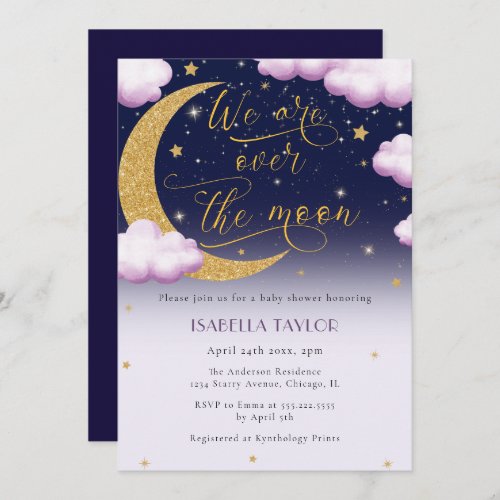 Over the Moon Pink Girl Baby Shower Invitation