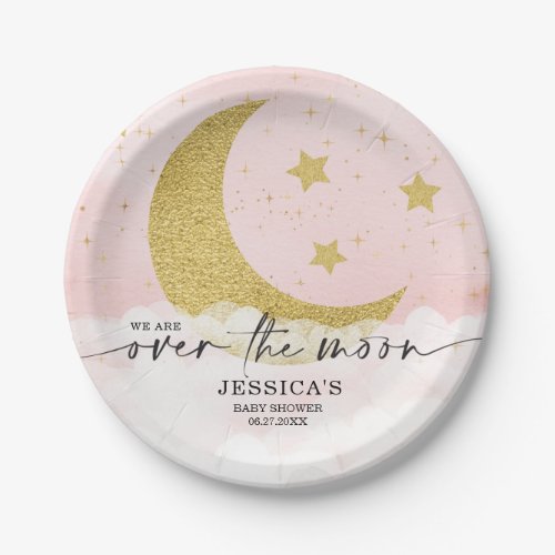 Over The Moon Pink Girl Baby Shower Paper Plates