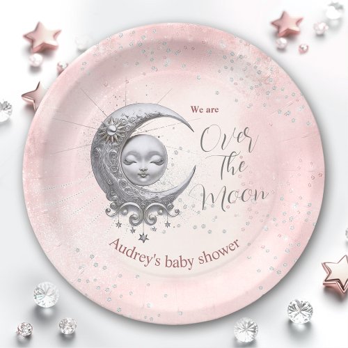 Over The Moon Pink Girl Baby Shower Paper Plates
