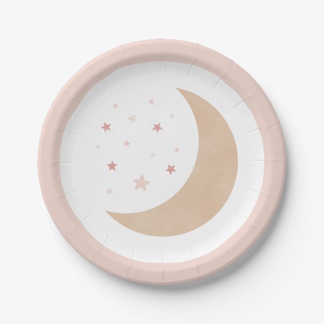 Over the Moon Pink Girl Baby Shower Paper Plates (Front)