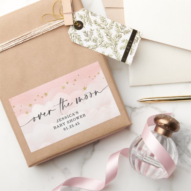 Over The Moon Pink Girl Baby Shower Rectangular Sticker (Gifting)