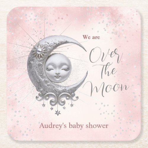 Over The Moon Pink Girl Baby Shower  Square Paper Coaster