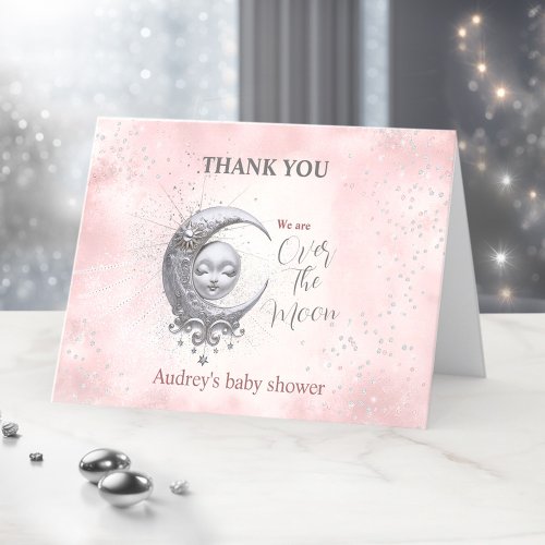 Over The Moon Pink Girl Baby Shower Thank You Card