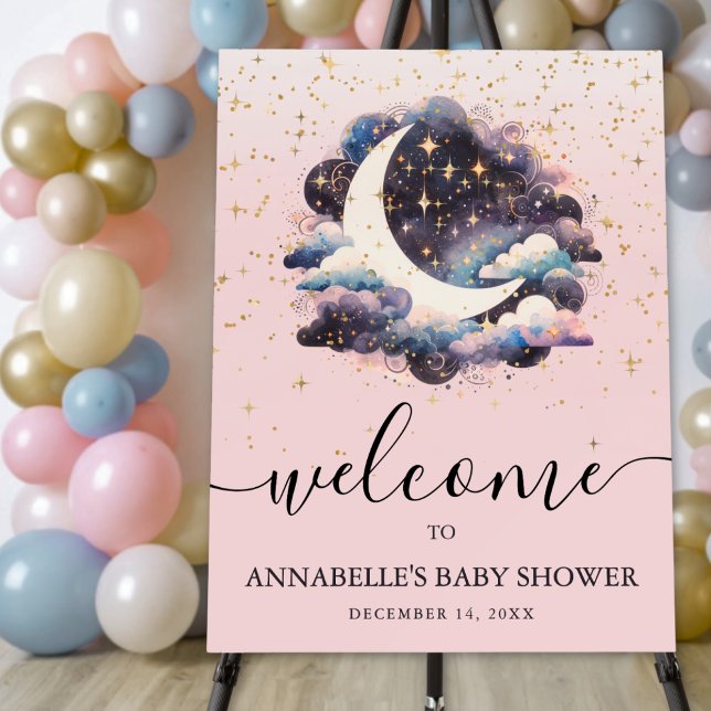 Over The Moon Pink Girl Baby Shower Welcome Sign (Over The Moon Pink Girl Baby Shower Welcome Sign)