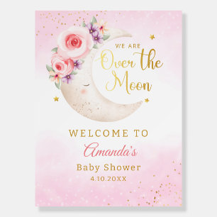 Over The Moon Pink girl Baby Shower Welcome Sign