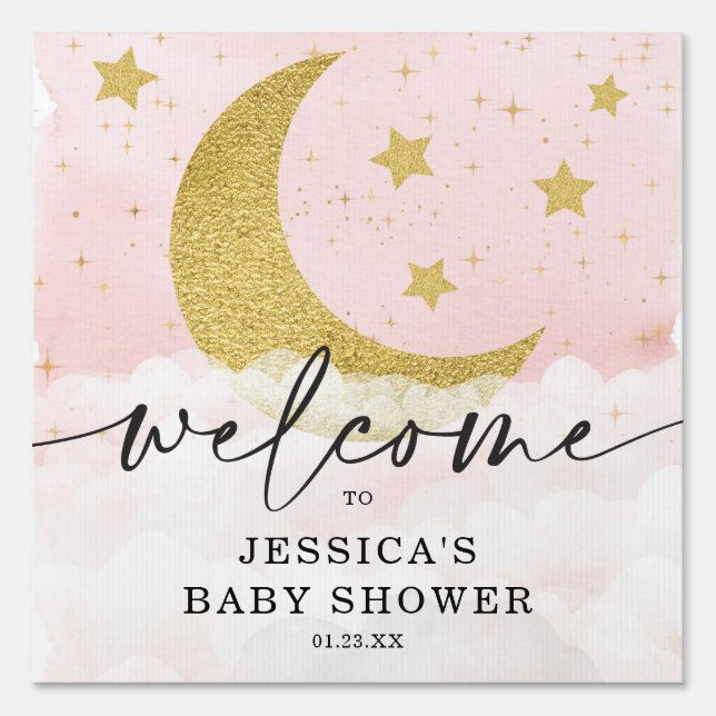 Over The Moon Pink Girl Baby Welcome Sign (Front)