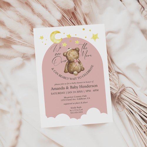 Over The Moon Pink Girl Teddy Bear Baby Shower Invitation
