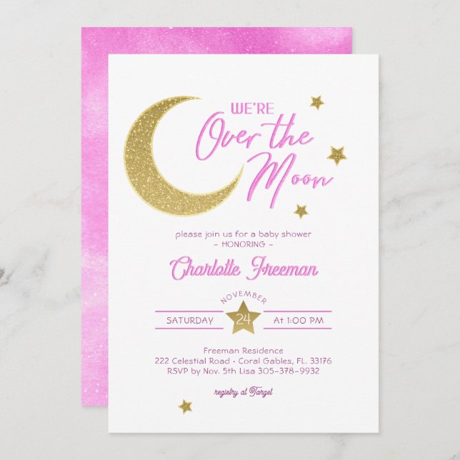 Over the Moon Pink & Gold Baby Girl Shower Invitation (Front/Back)