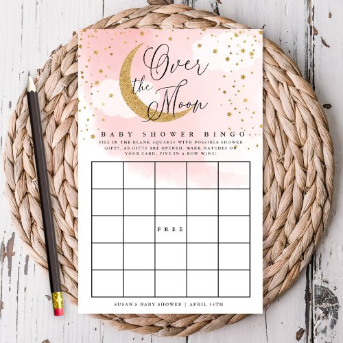 Over the Moon Pink  Gold Baby Paper Bingo Card