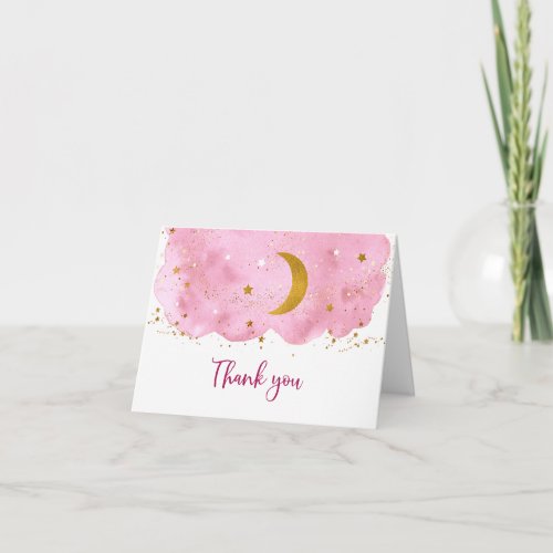 Over the Moon Pink Gold Baby Shower Thank You Card