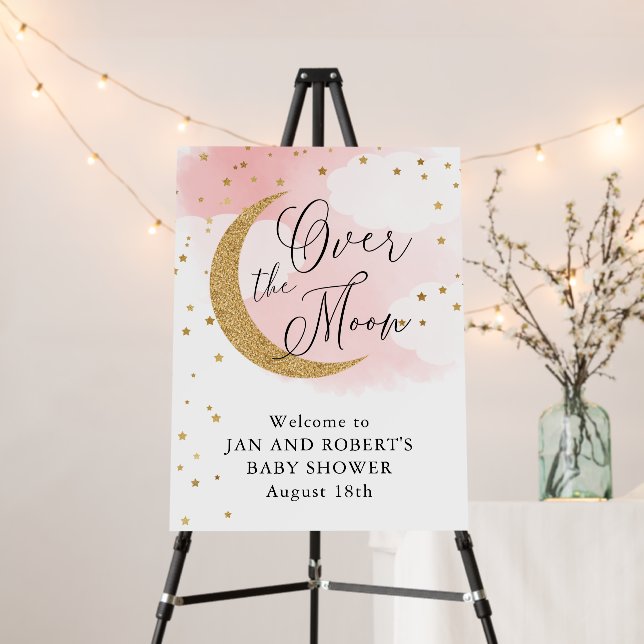 Over the Moon Pink Gold Baby Shower Welcome Foam Board (In Situ (Stand))