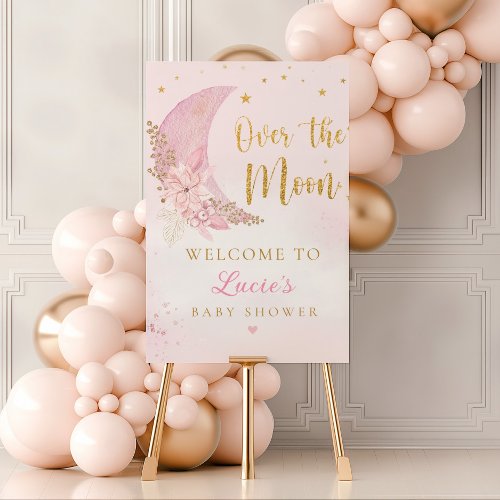 Over The Moon Pink Gold Baby Shower Welcome Sign