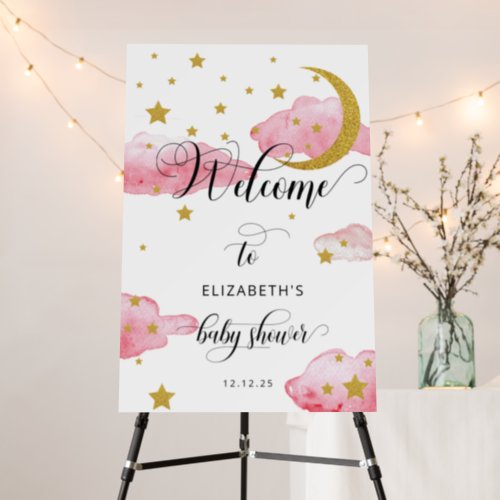 Over The Moon Pink Gold Baby Shower Welcome Sign