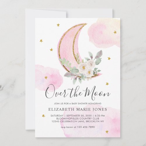 Over the Moon Pink Gold Dreamy Girl Baby Shower  I Invitation