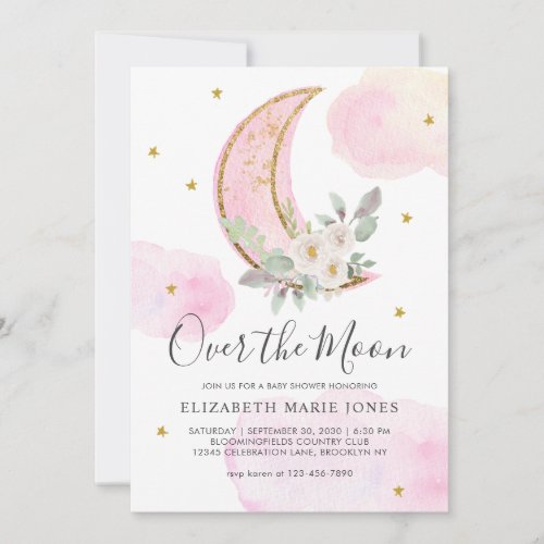 Over the Moon Pink Gold Dreamy Girl Baby Shower  Invitation