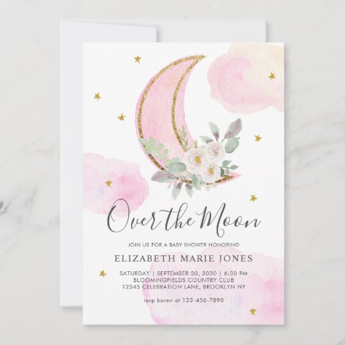 Over the Moon Pink Gold Dreamy Girl Baby Shower Invitation