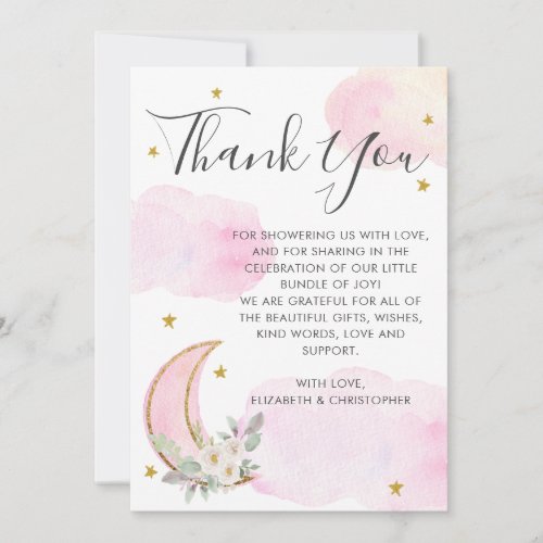 Over the Moon Pink Gold Dreamy Girl Baby Shower Thank You Card