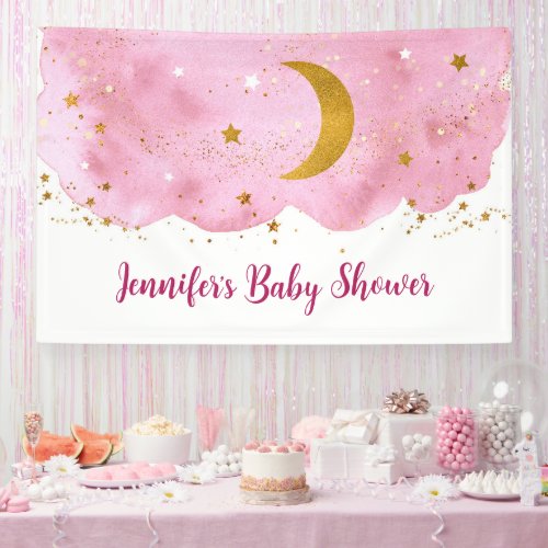 Over the Moon Pink Gold Galaxy Baby Shower Banner