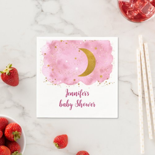 Over the Moon Pink Gold Galaxy Baby Shower Napkins