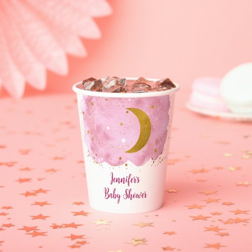 Over the Moon Pink Gold Galaxy Baby Shower Paper Cups