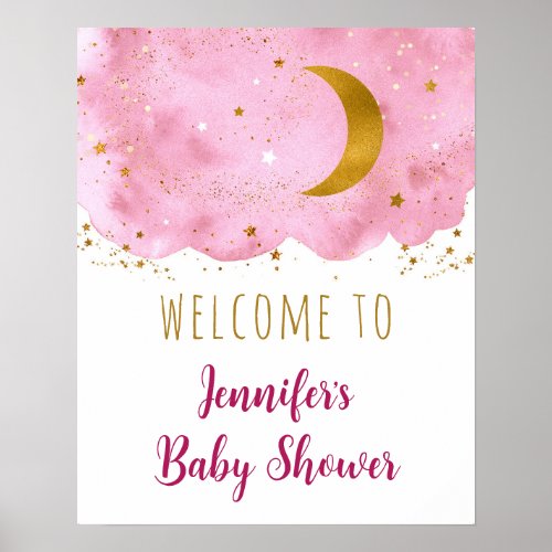 Over the Moon Pink Gold Galaxy Baby Shower Welcome Poster
