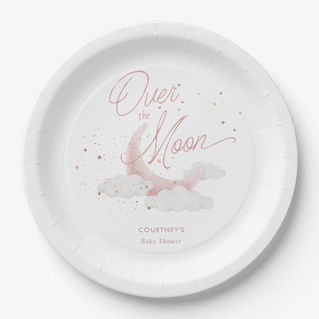 Over The Moon Pink Gold Stars Baby Shower Paper Plates (Front)