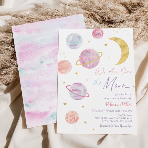 Over the Moon Pink Pastel Space Baby Shower Invitation