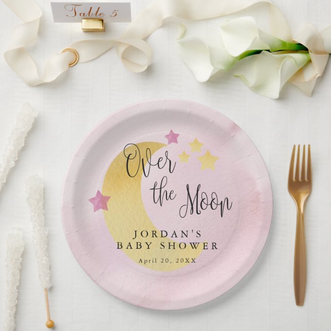 Over the Moon, Pink Personalized Baby Shower Paper Plates (Wedding)