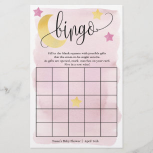Over The Moon, Pink Stars Bingo Paper Game Card