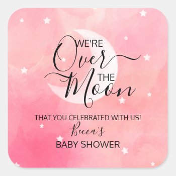 Over The Moon Pink Thank You Baby Shower Square Sticker by prettypicture at Zazzle