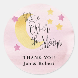 Over the Moon, Pink Watercolor Baby Shower Favor C Classic Round Sticker