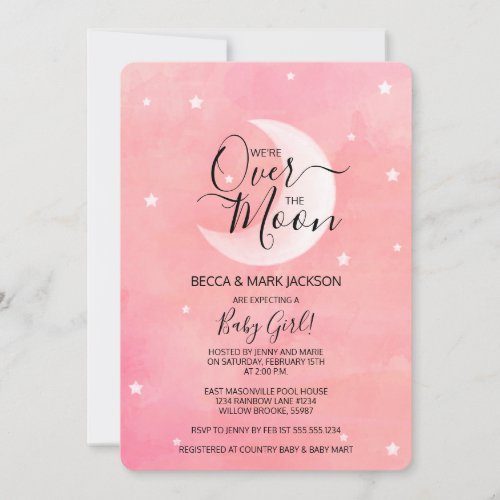 Over The Moon Pink Watercolor Baby Shower Invitation
