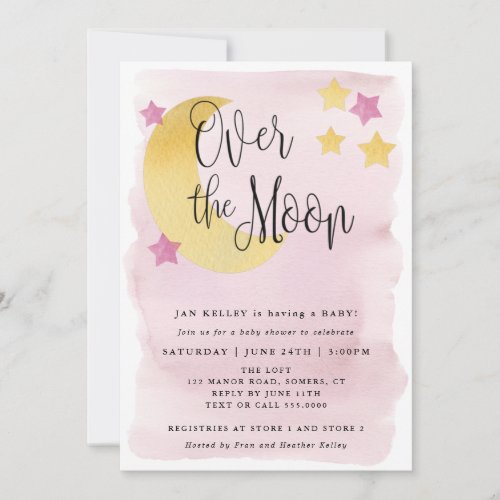 Over the Moon Pink Watercolor Baby Shower Invitation