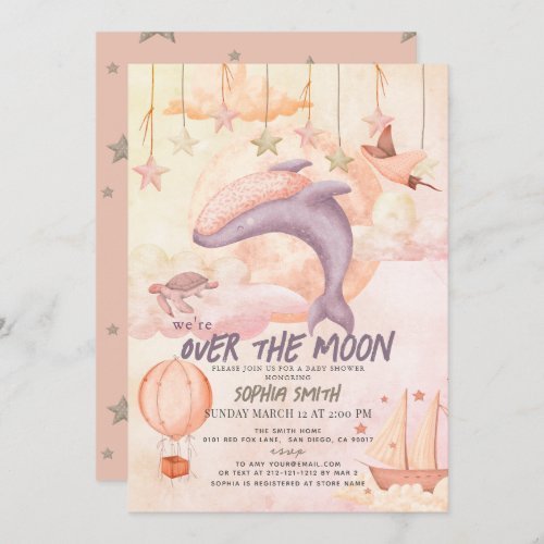 Over the Moon Pink Whale Boho Girl Baby Shower Invitation