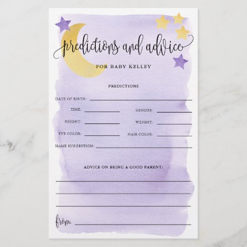 Over The Moon Purple Baby Predictions Paper Card