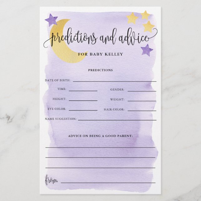 Over The Moon, Purple Baby Predictions Paper Card (Front)
