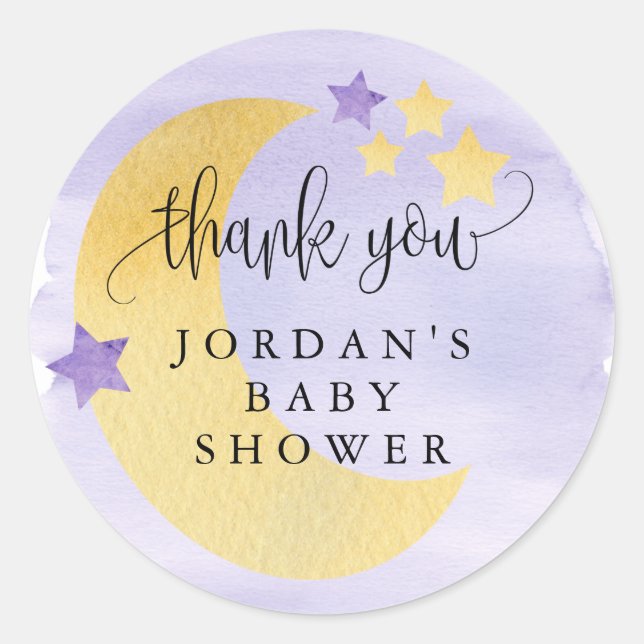 Over the Moon, Purple Baby Shower Favor Classic Round Sticker (Front)