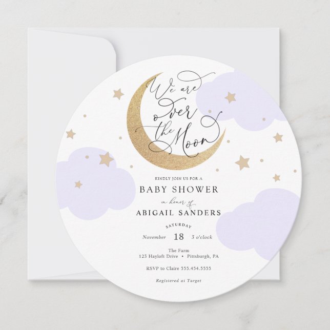 Over the Moon Purple Baby Shower Invitation (Front)