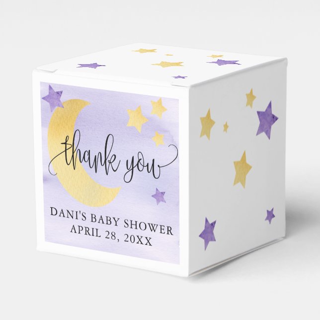 Over the Moon, Purple Baby Shower Moon Stars Small Favor Boxes (Front Side)