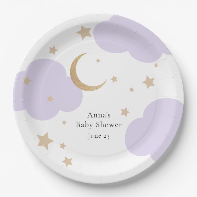 Over the Moon Purple Baby Shower  Paper Plates (Front)