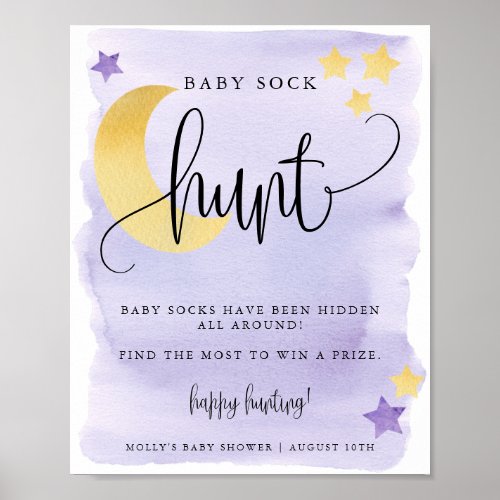 Over the Moon Purple Baby Shower Sock Hunt Poster